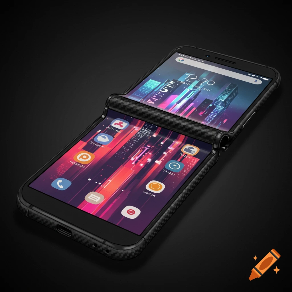 Close-up view of a carbon fiber folding smartphone displaying a cityscape wallpaper and apps
