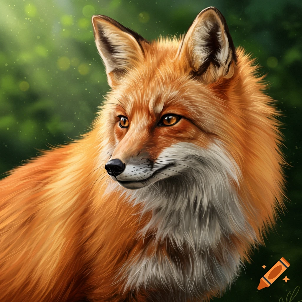 Close-up portrait of a red fox with bright fur against a green forest background, digital art.