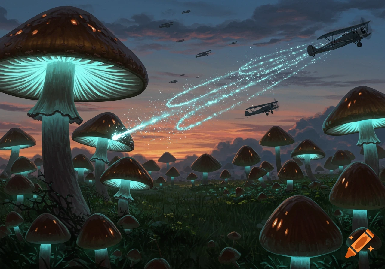 Glowing mushrooms in a field fire sparkling trails at a fleet of biplanes flying at dusk.