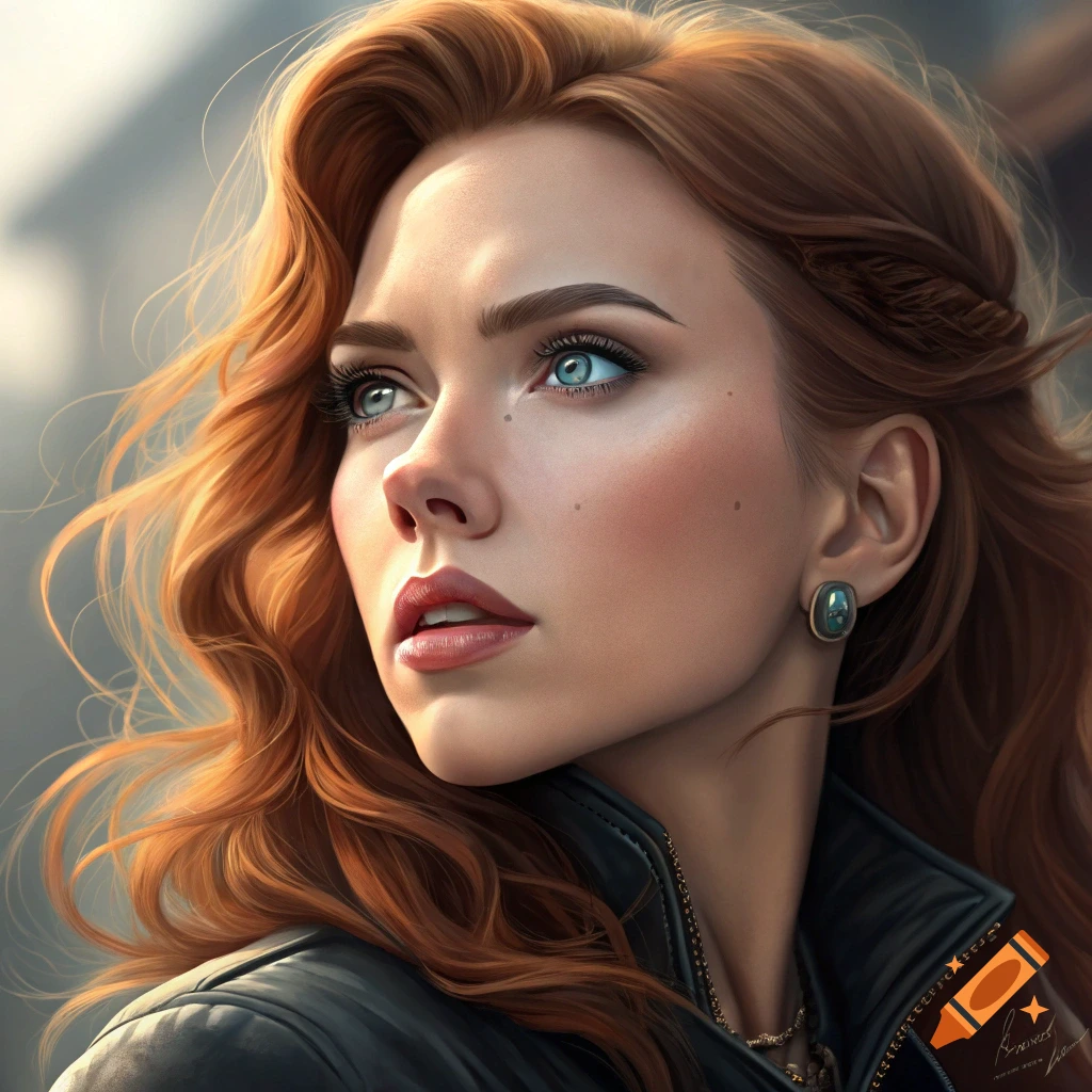 Close-up photorealistic portrait of a woman with red hair looking up ...