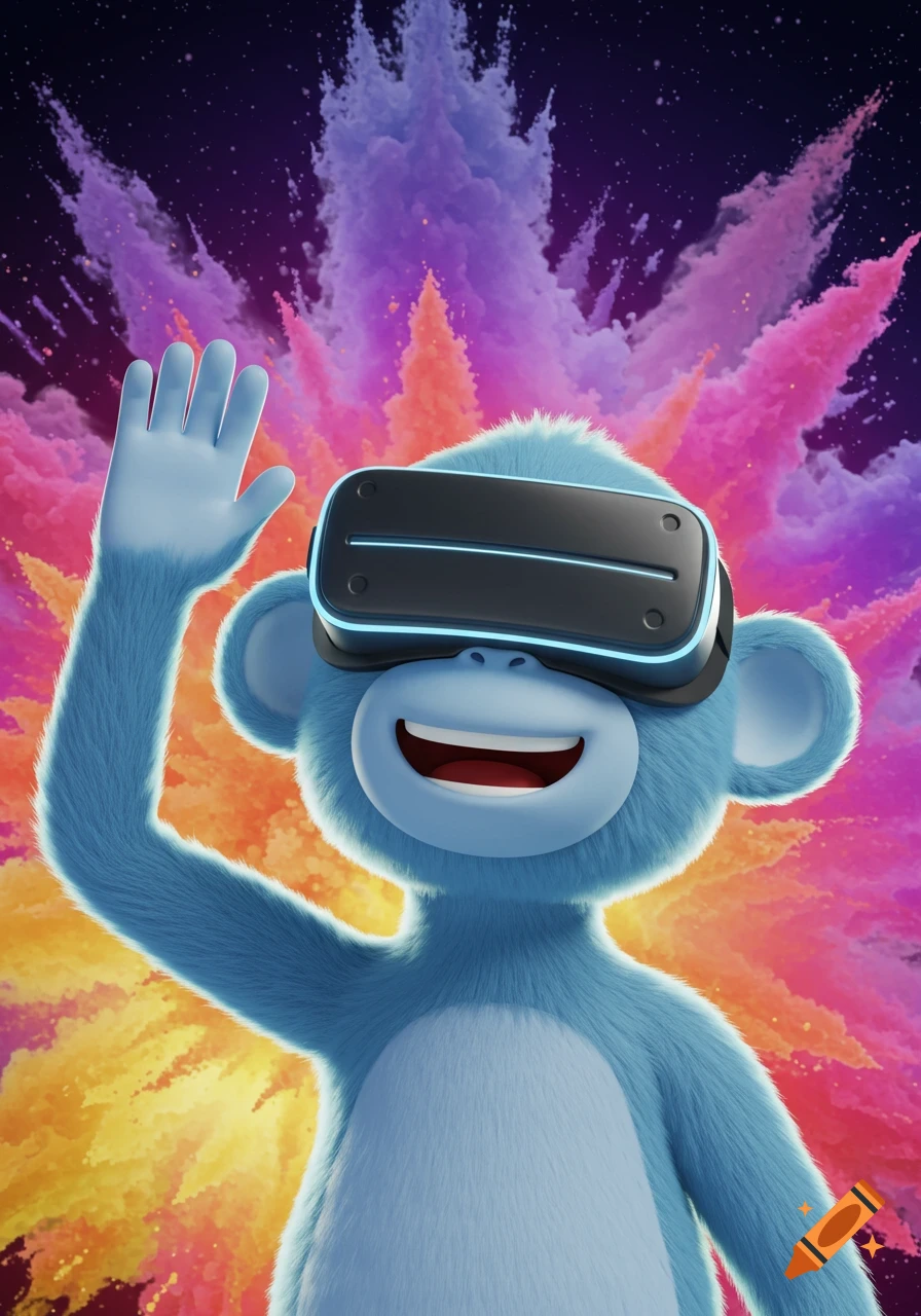 Cartoon blue monkey with VR headset waves against colorful explosion background.