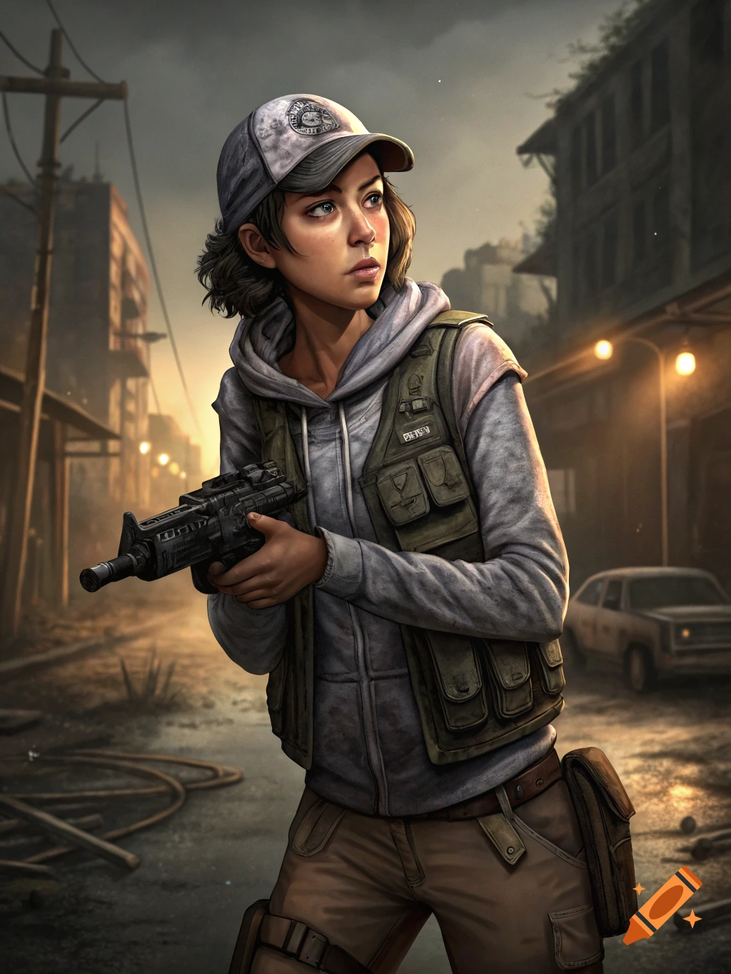 Character in cap and vest holds a gun in a ruined street, post-apocalyptic style.