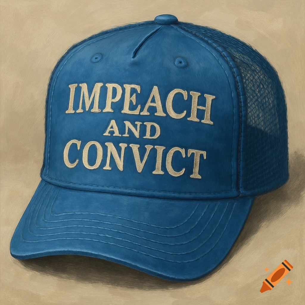 A blue trucker hat with the words 'IMPEACH AND CONVICT' written in gold serif font.