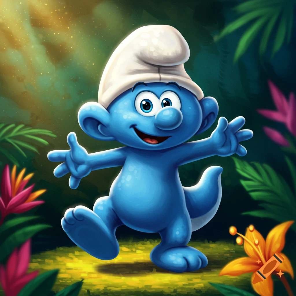 Happy Smurf-like character with a tail in a lush jungle clearing, digital illustration.