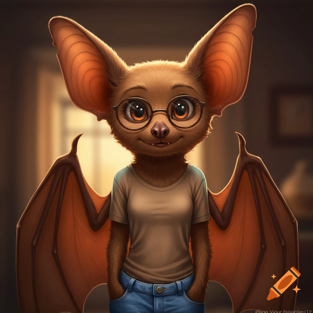 An anthropomorphic brown bat wearing glasses, a t-shirt, and jeans.