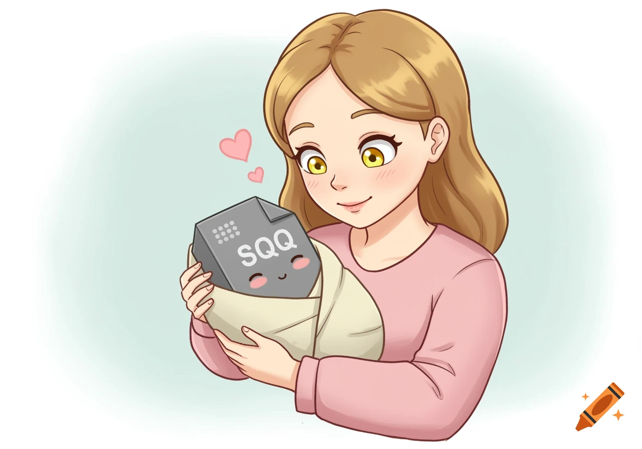 Cartoon woman holds swaddled baby database file with SQQ label