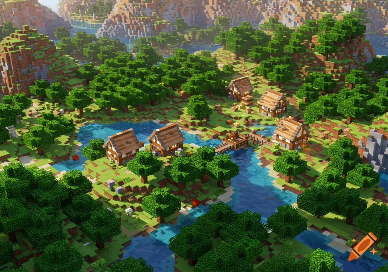 Minecraft village by a river with houses, trees, and blocky mountains