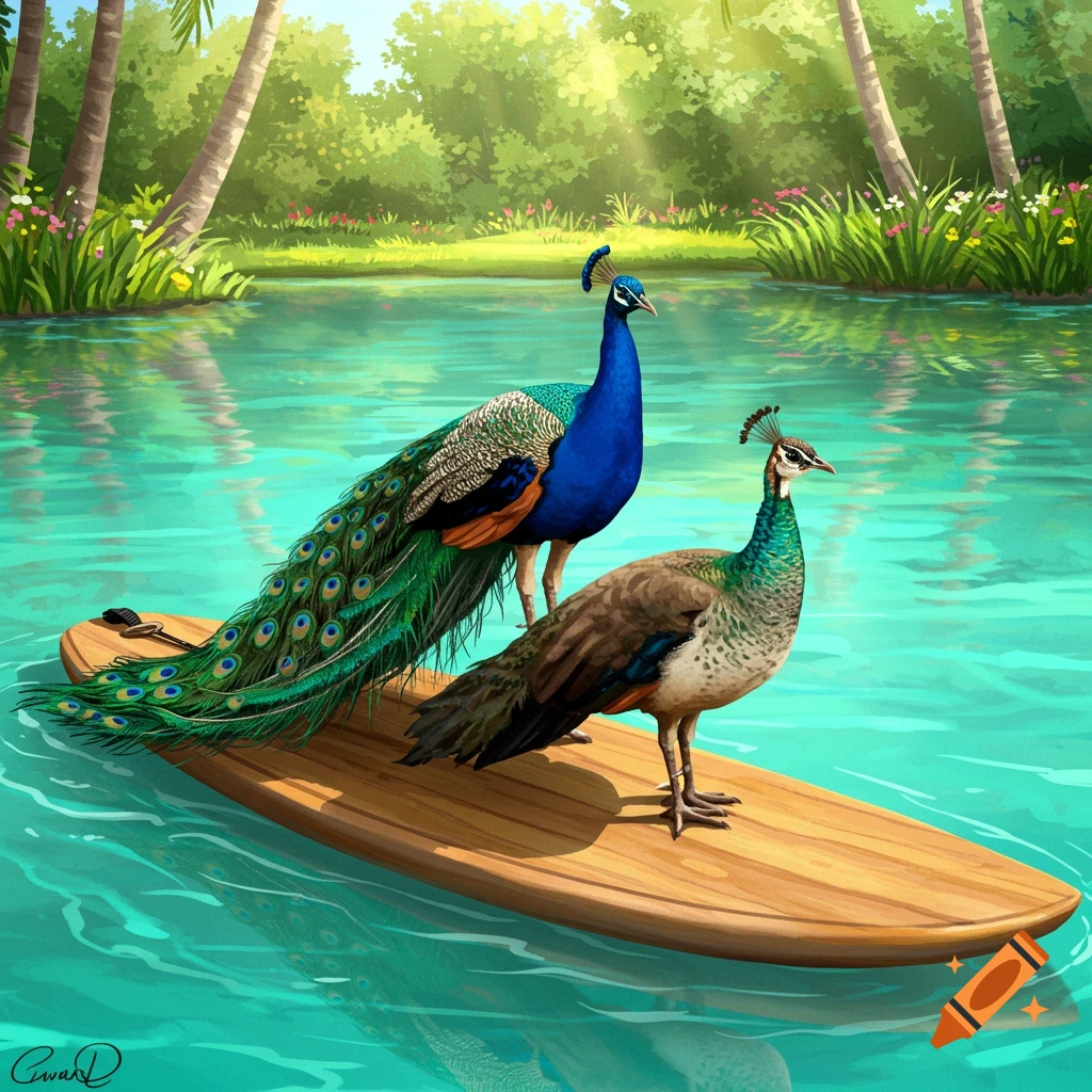 Two peacocks on a surfboard in tropical water with trees in the background, illustration style.