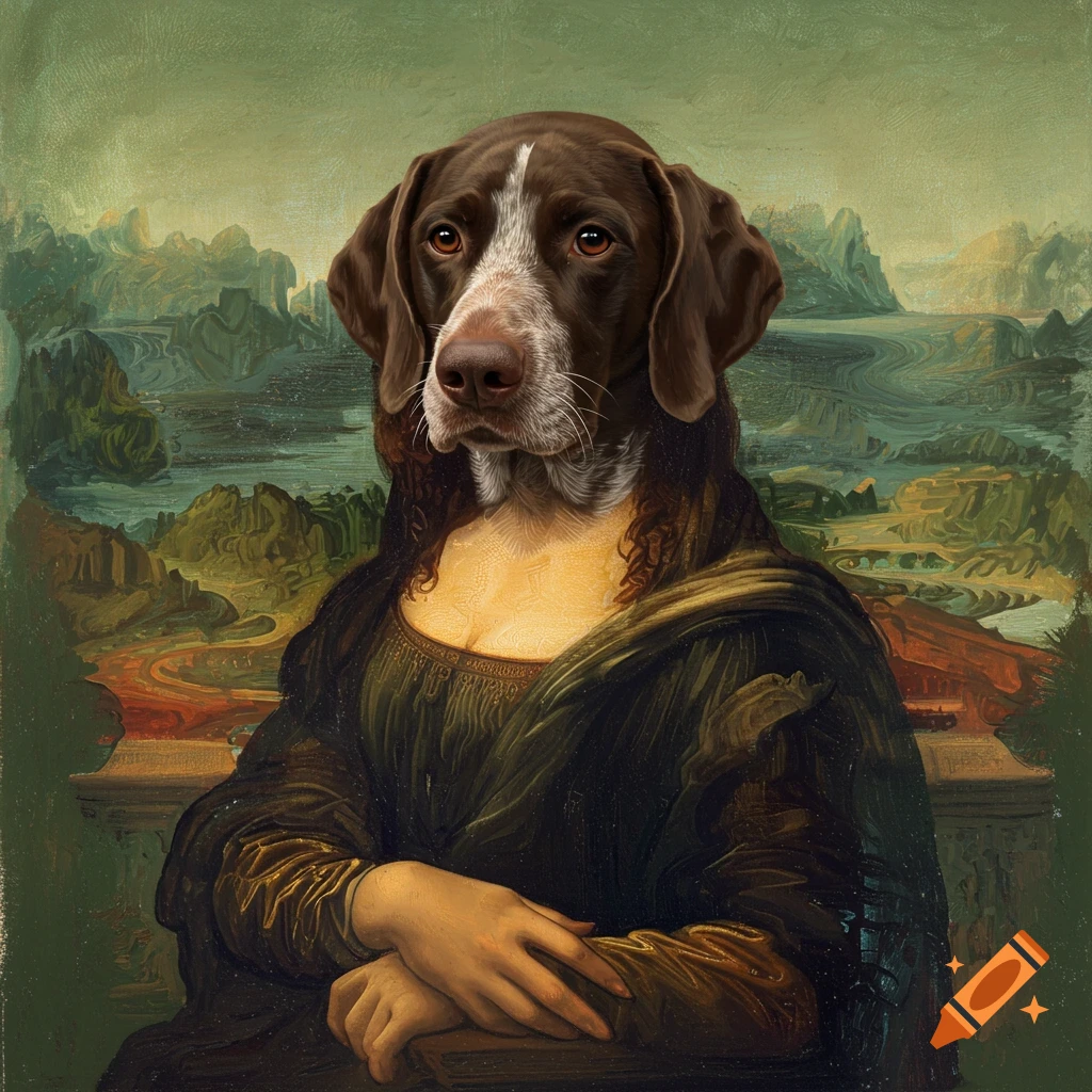 A German Shorthaired Pointer dog's head on the body of the Mona Lisa painting.