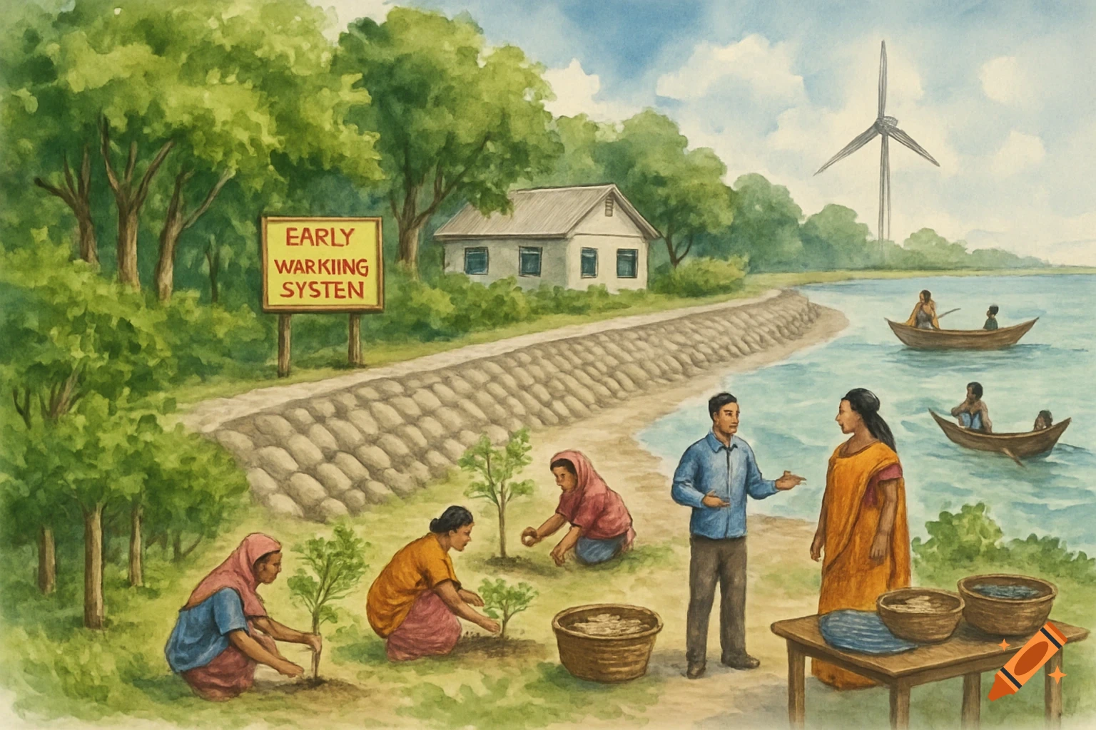 Watercolor of people planting trees by a coast with boats, house, sign, and wind turbine.