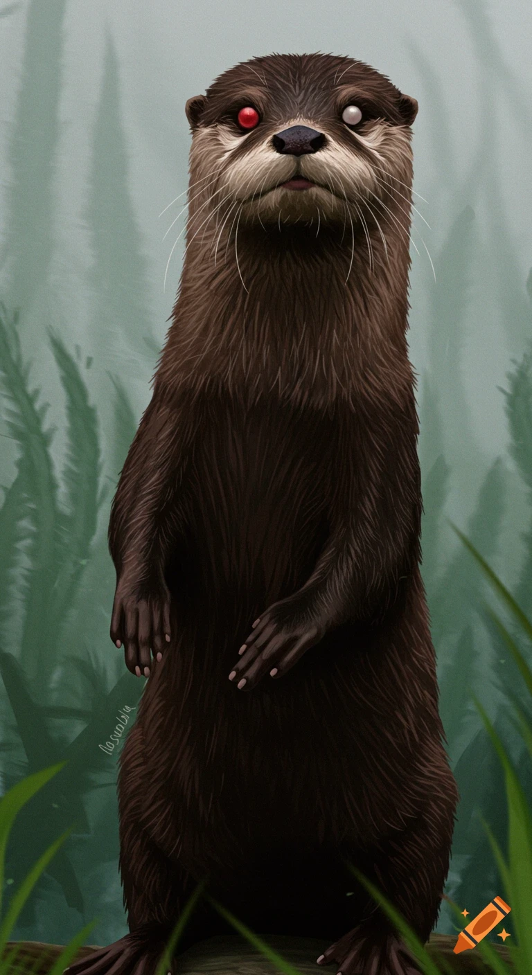 Digital illustration of an otter standing upright with one red eye and one white eye against a blurry green background.