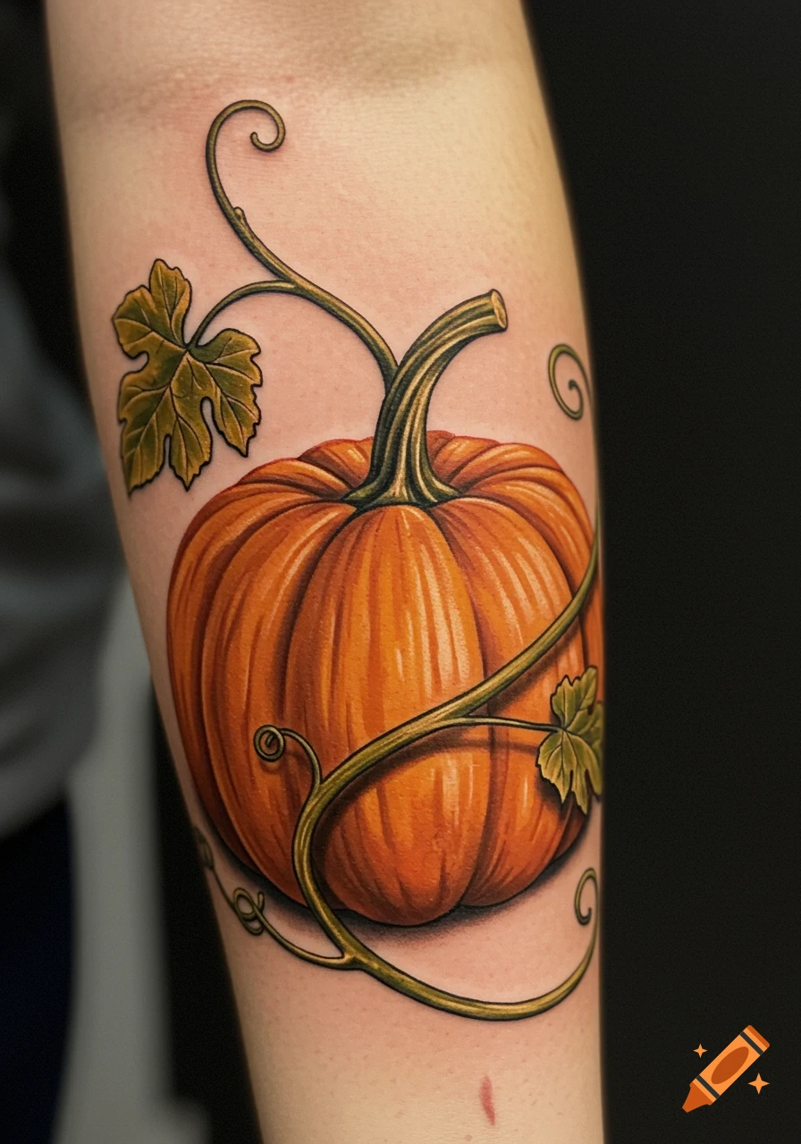 A vibrantly colored tattoo of a pumpkin with vines and leaves on an arm.