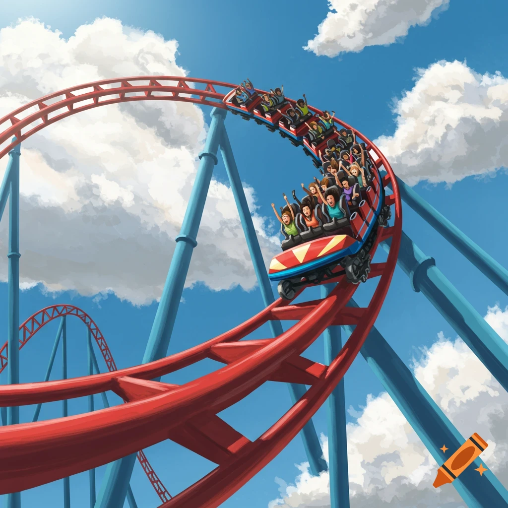 A roller coaster car full of people races around a red track under a blue sky with clouds.