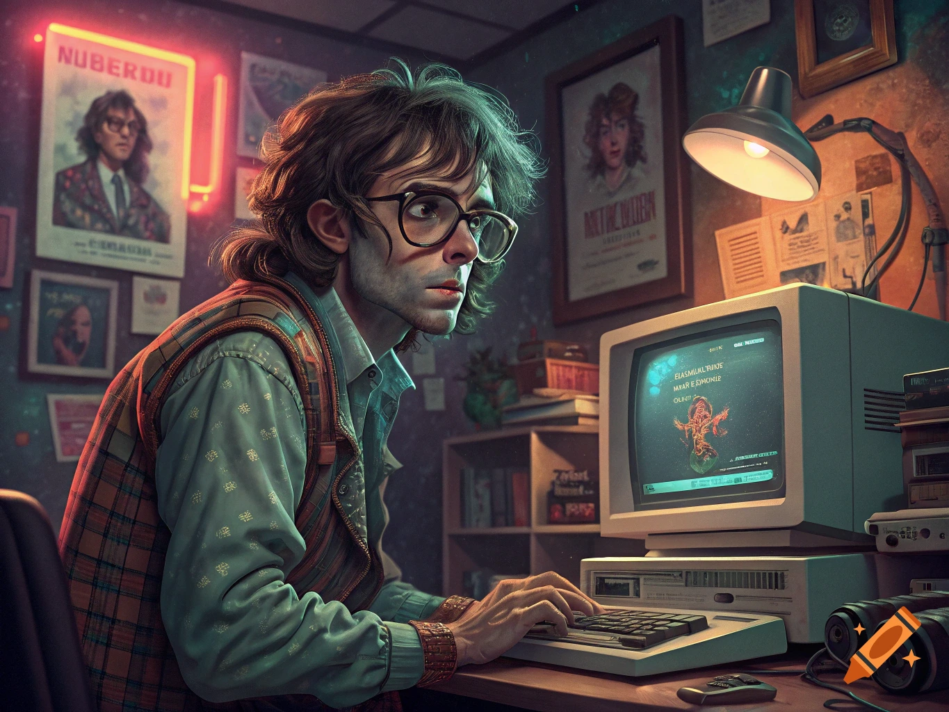 Man in glasses and vest using an 80s computer in a room with posters