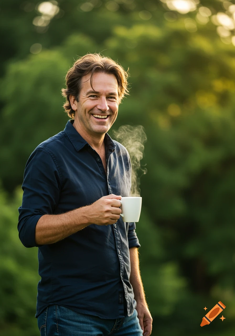 A man smiles outdoors while holding a steaming coffee cup.