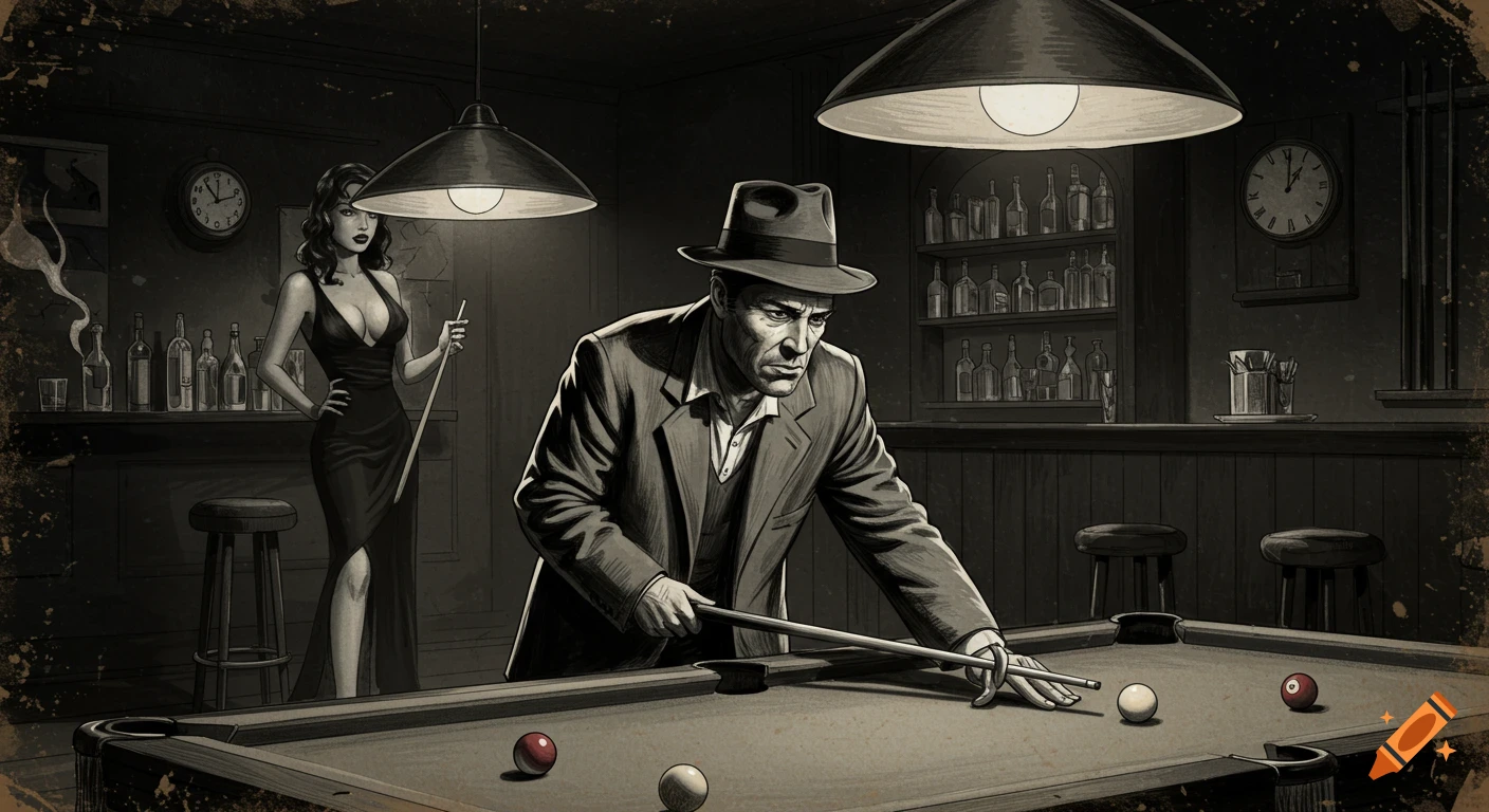 Black and white illustration of a man playing pool in a bar as a woman watches. Vintage noir style.