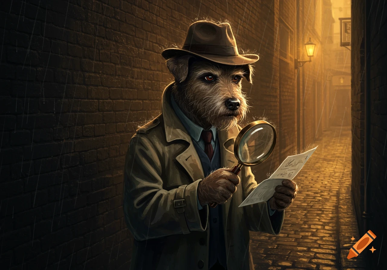 A dog dressed as a detective holds a magnifying glass and paper in a rainy alleyway.