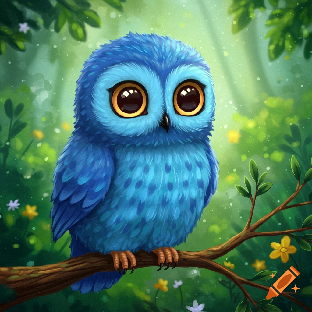A cute blue owl with big eyes sits on a branch in a green forest.