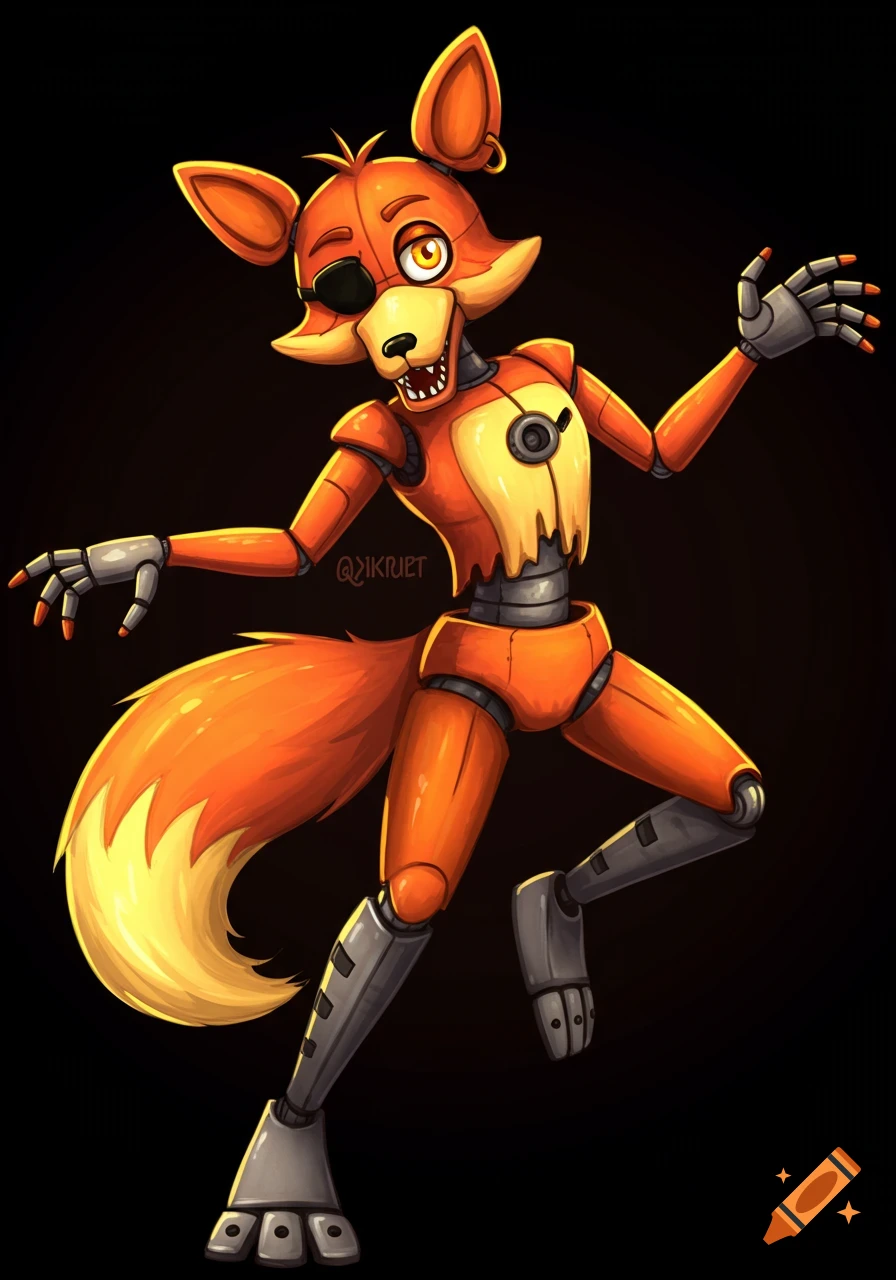 An orange and yellow fox animatronic robot with an eyepatch stands in a dynamic pose.