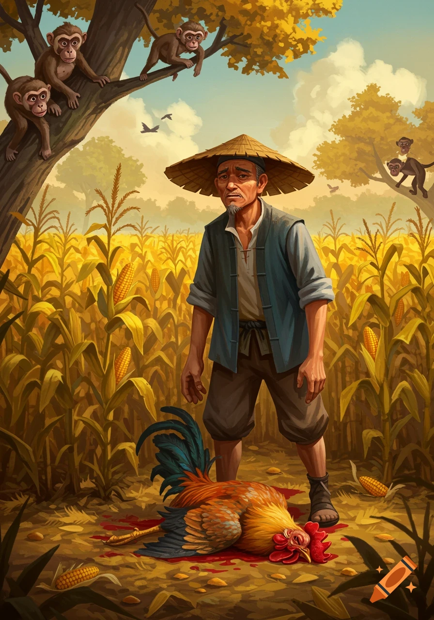 An illustration of a farmer in a cornfield looking down at a dead rooster, with monkeys in trees.