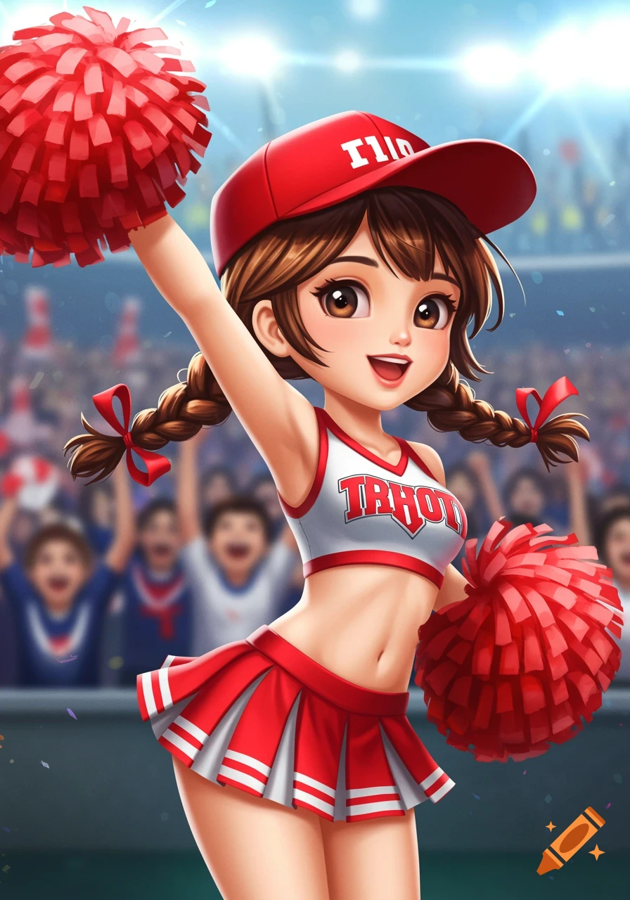A cute anime-style cheerleader in a red uniform and hat holds pom-poms in a stadium.
