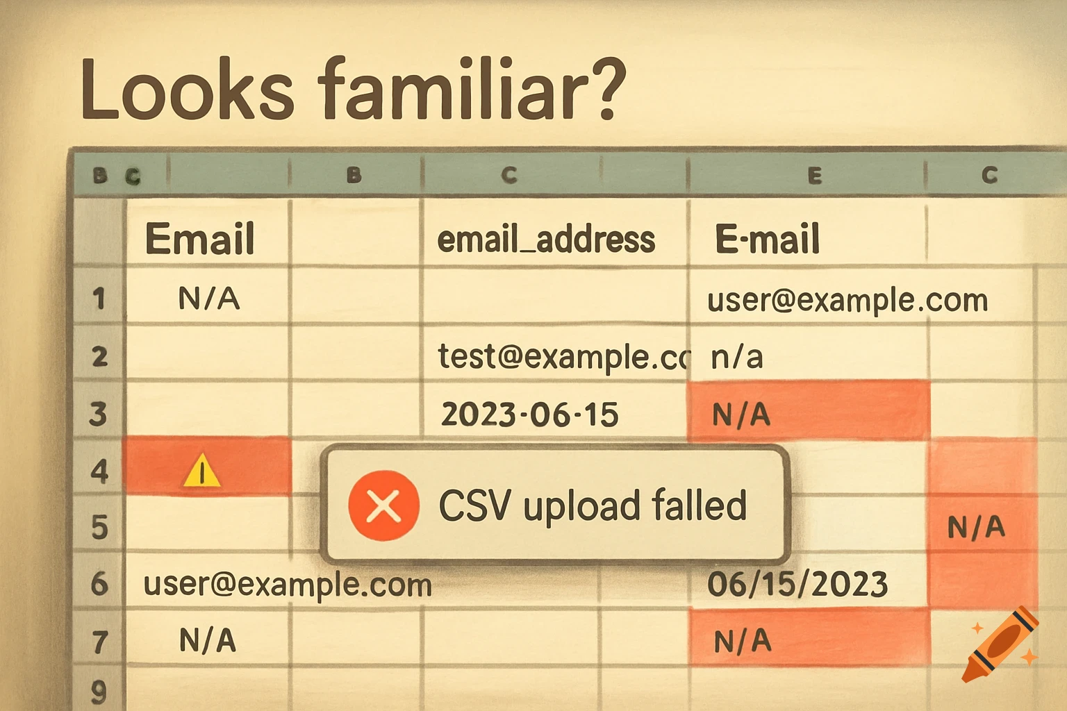 Close-up view of a spreadsheet with various errors highlighted in red, a warning icon, and a pop-up message reading "CSV upload failed". Text above says "Looks familiar?".