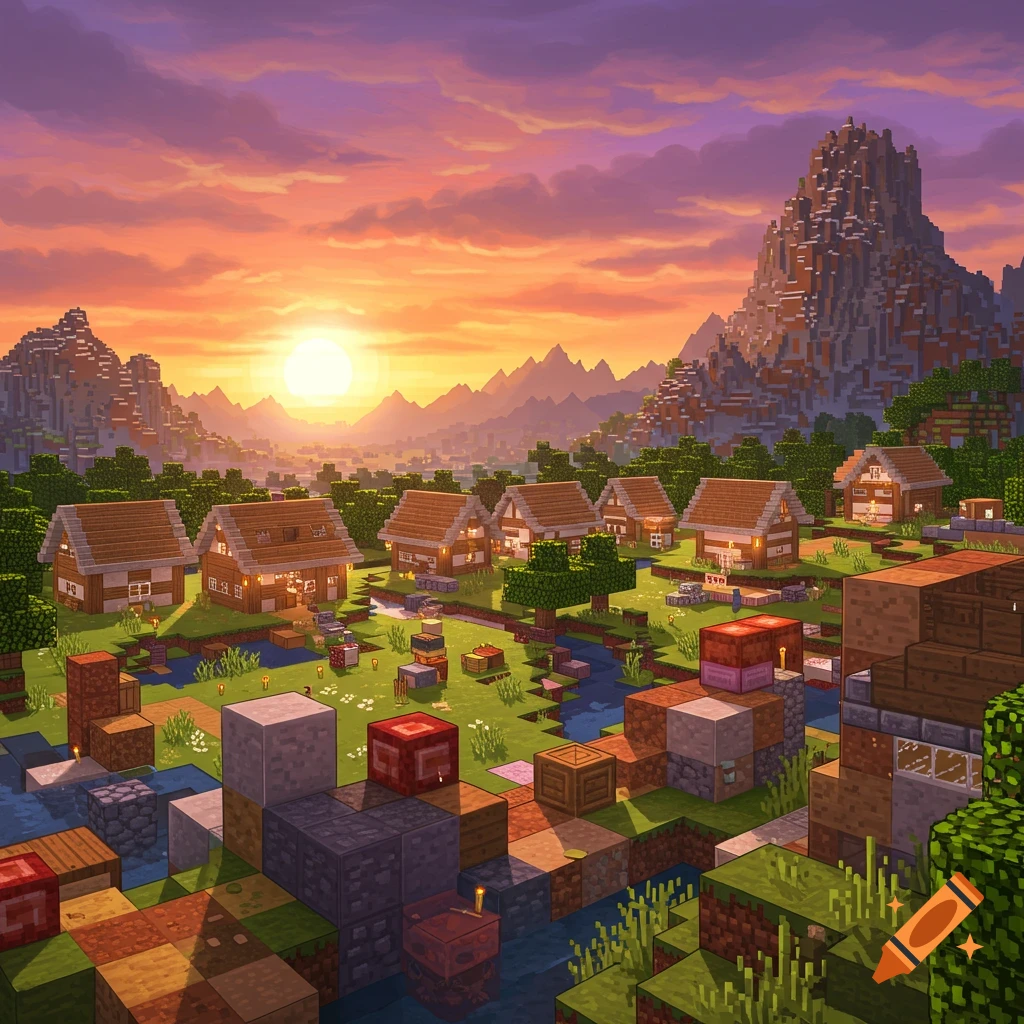 A blocky Minecraft village scene at sunset with houses, mountains, and a river.