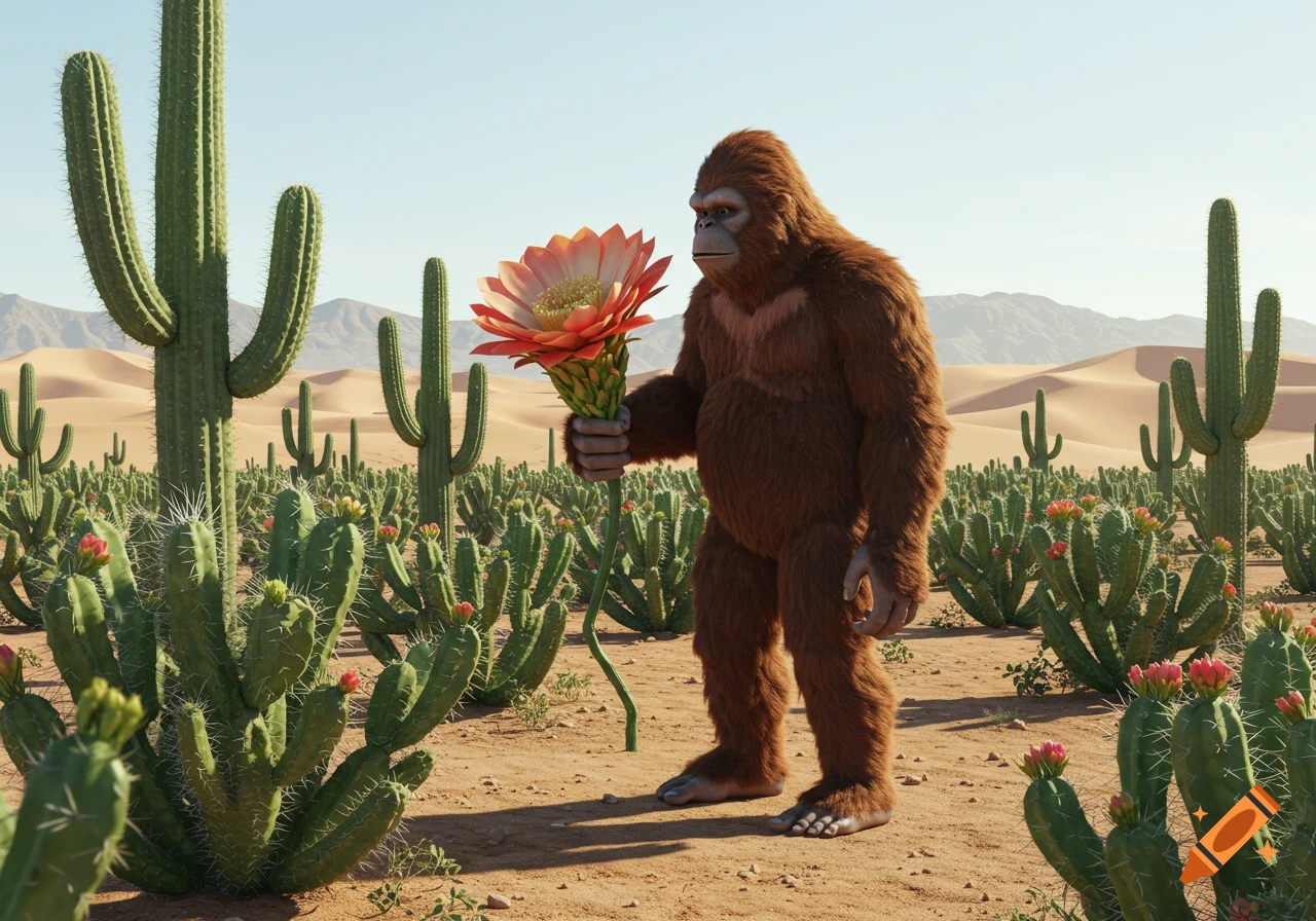 A furry Bigfoot stands in a desert landscape filled with cacti, holding a large orange and yellow flower.