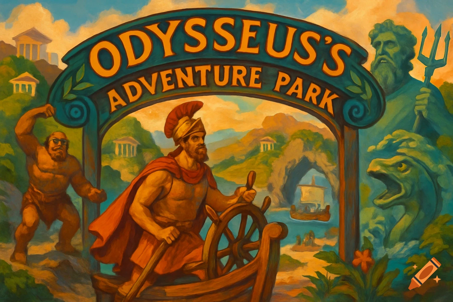 A painted scene with Odysseus steering a ship under a sign for "ODYSSEUS'S ADVENTURE PARK", featuring figures like a cyclops and Poseidon.