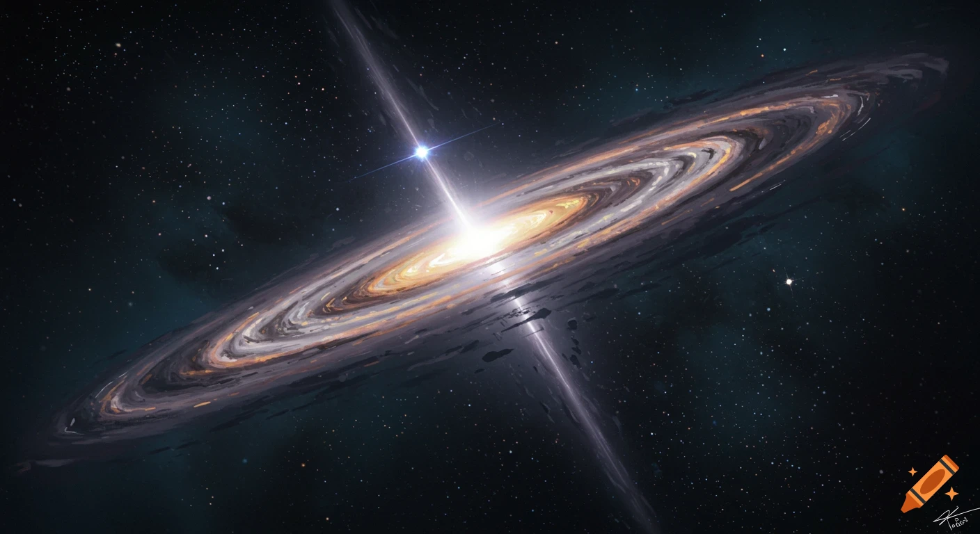 An illustrated view of a galaxy seen edge-on with a bright central core emitting a beam of light into space.