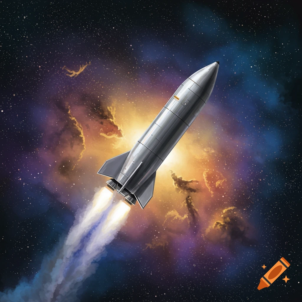 A silver rocket flies through space with a colorful nebula background.