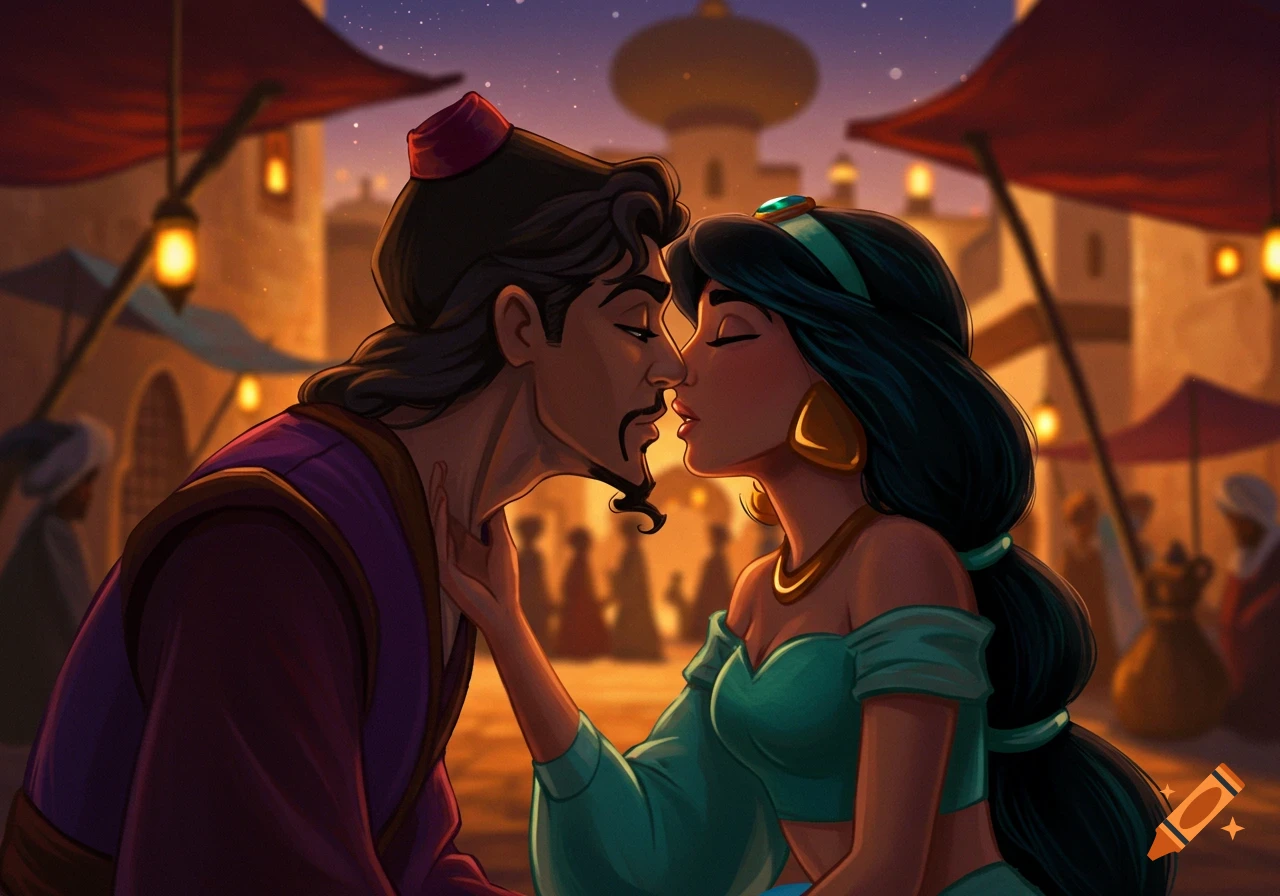 illustration-of-jasmine-and-jafar-kissing-in-a-marketplace-at-sunset