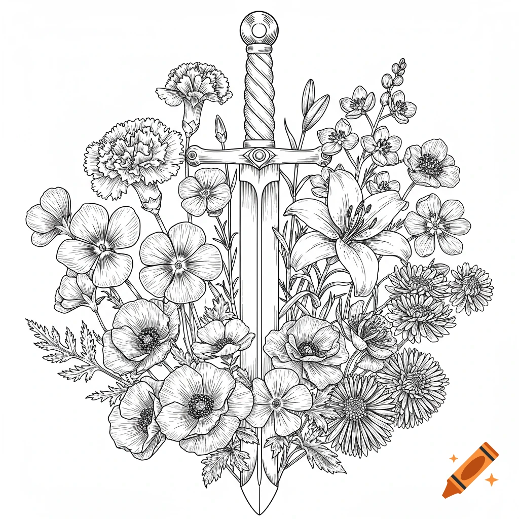 Black and white line art drawing of a sword surrounded by various ...