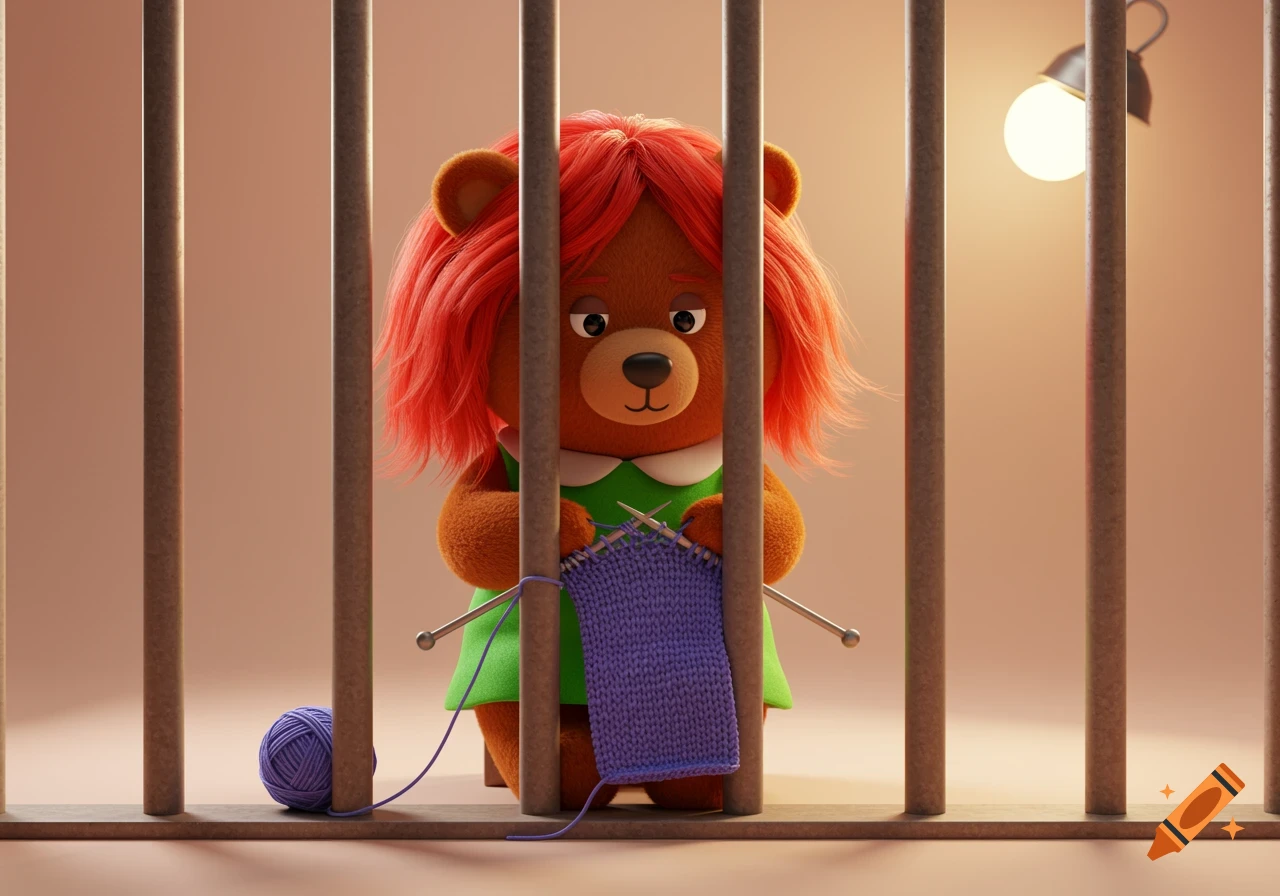 Cartoon bear with red hair knitting behind bars