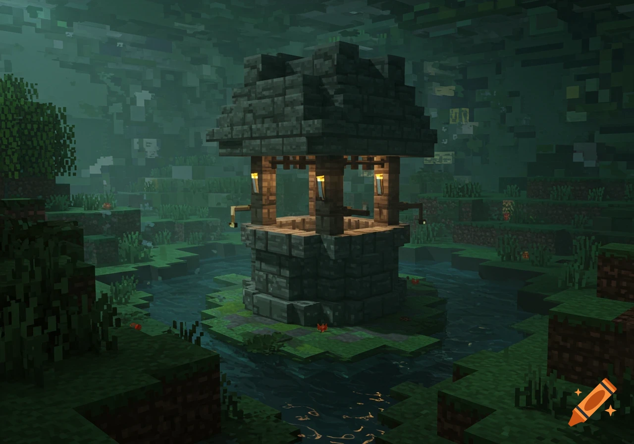 A Minecraft-style well stands in a foggy, eerie swamp.
