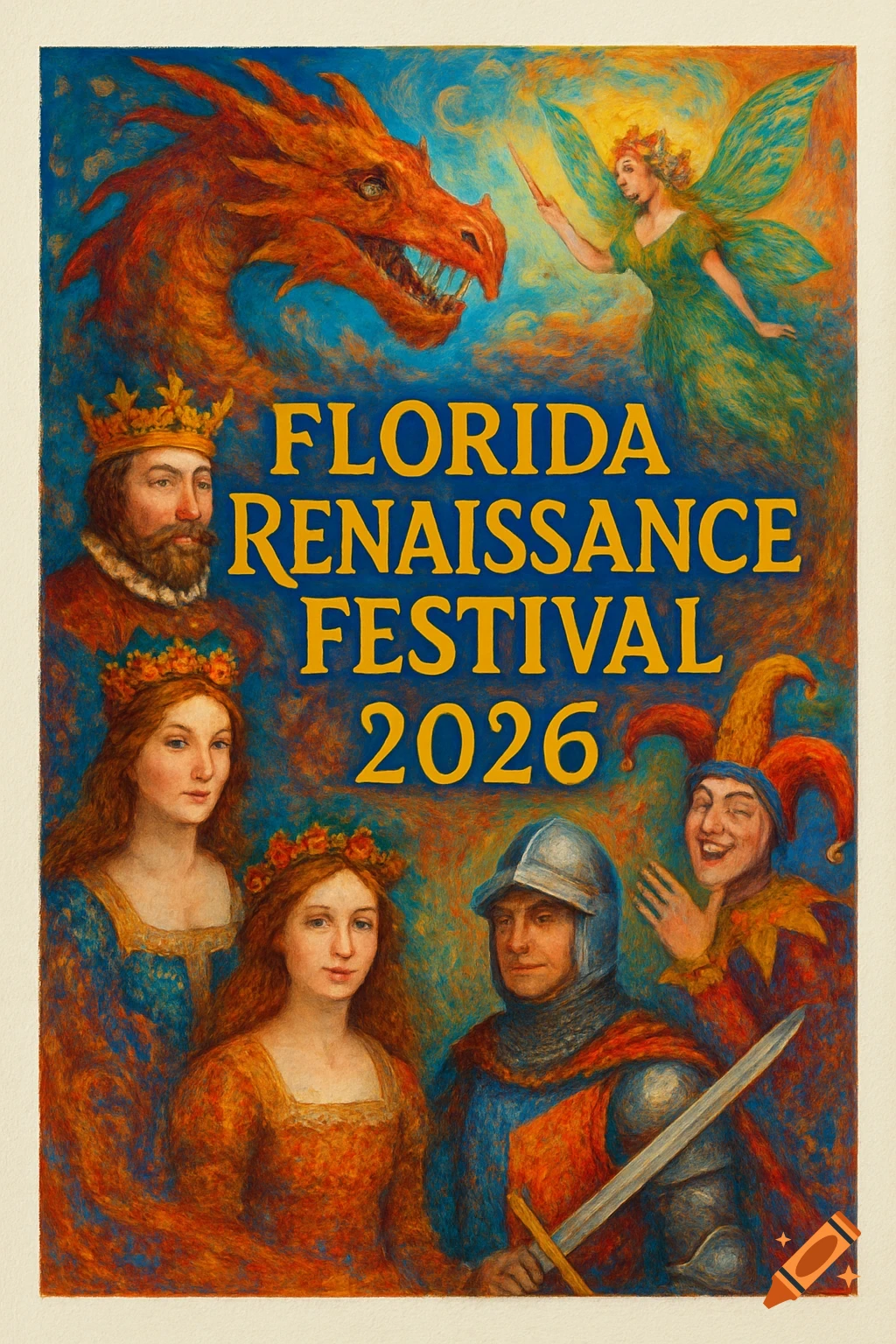 Renaissance festival poster with king, queen, maiden, knight, jester, dragon, and fairy.