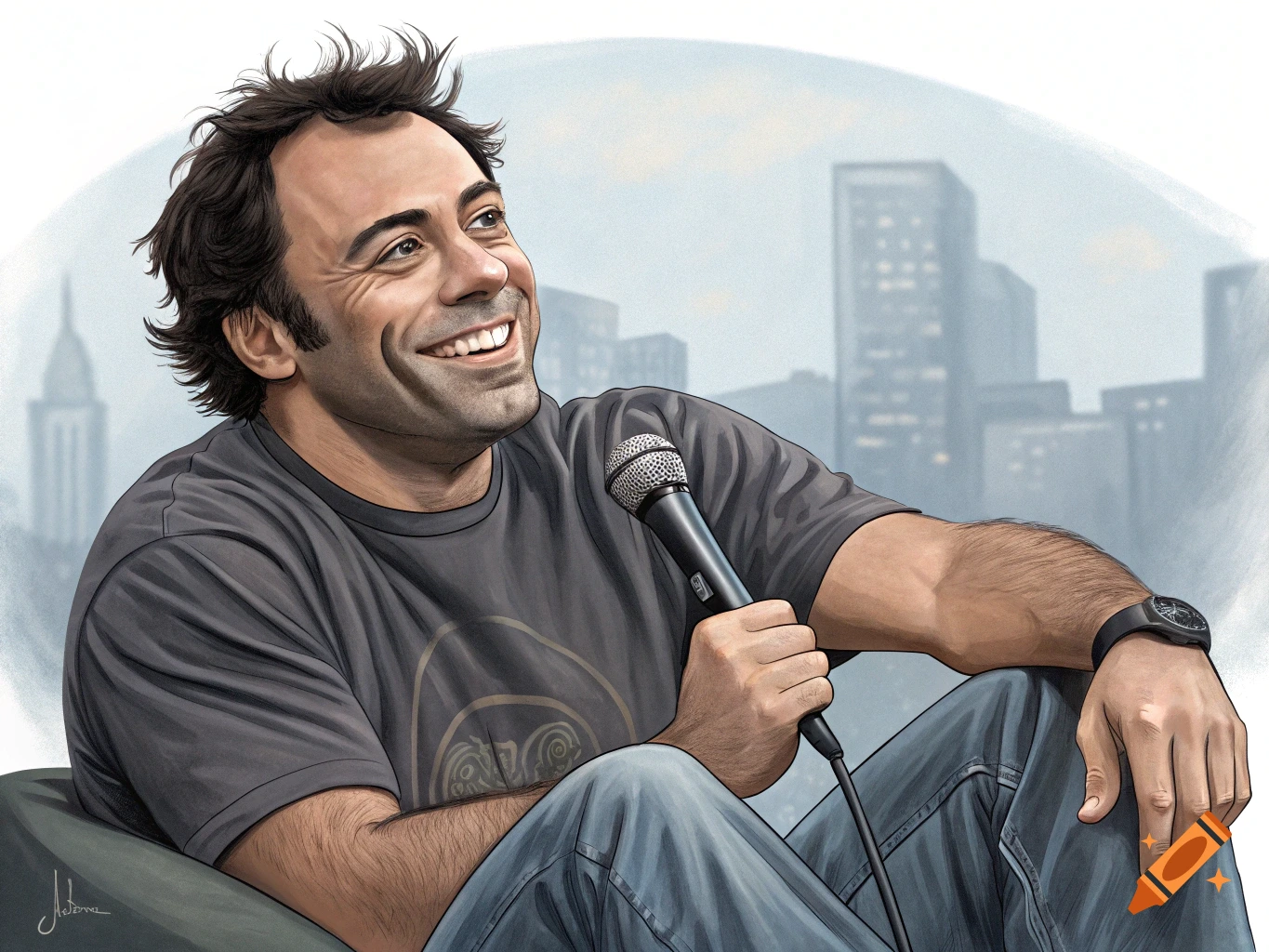 Illustration of Joe Rogan smiling and holding a microphone with a city skyline background.