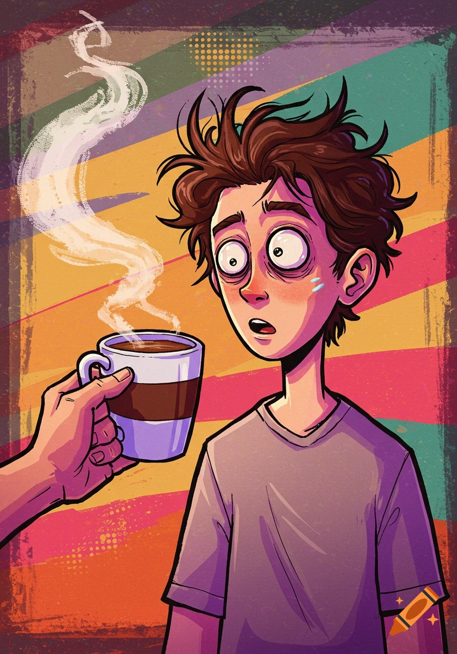 Illustration of a person with messy hair and wide eyes being handed coffee