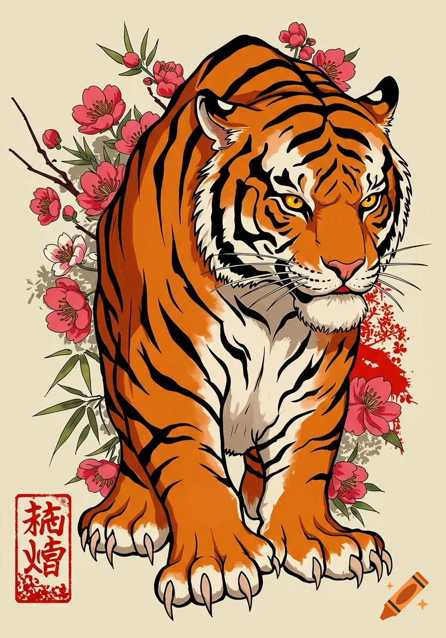 A tiger in Japanese traditional art style with flowers.