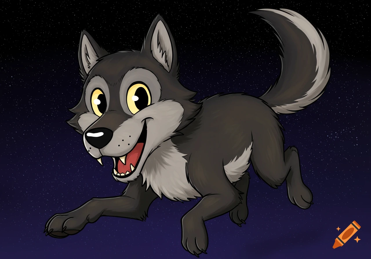 Cartoon wolf running against a starry sky.