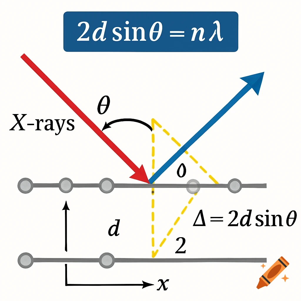 Diagram illustrating Bragg's Law with incident and reflected X-rays, crystal planes, angles, distances, and the formula 2d sin\[ heta\] = n\[ ext{lambda}\]
