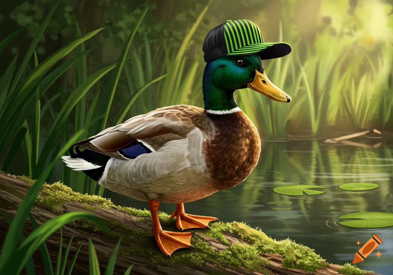A mallard duck wearing a backward black and neon green striped baseball cap stands on a mossy log by a pond.