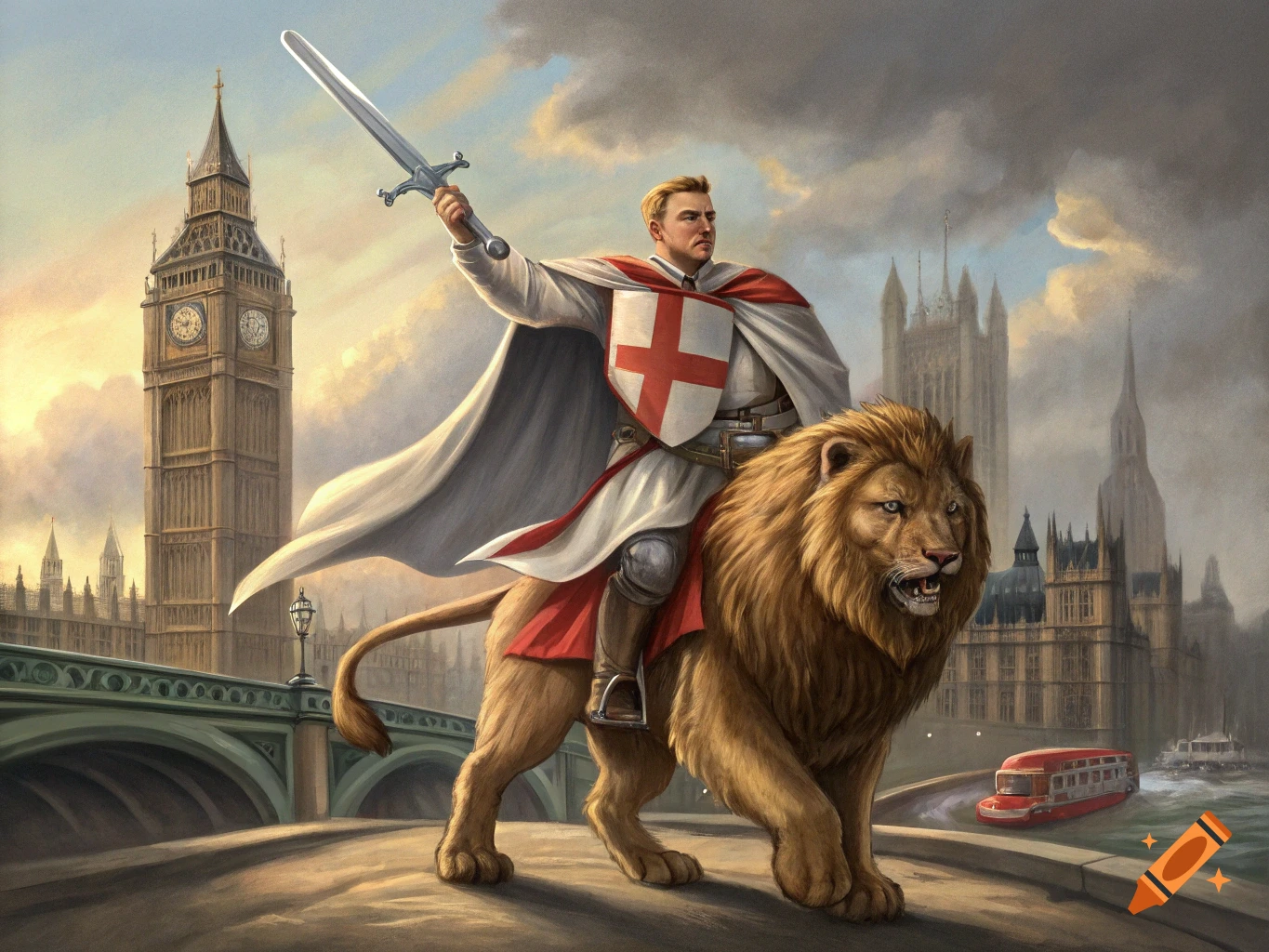 Illustration of a knight riding a lion across a bridge in London, with Big Ben and the Houses of Parliament in the background.
