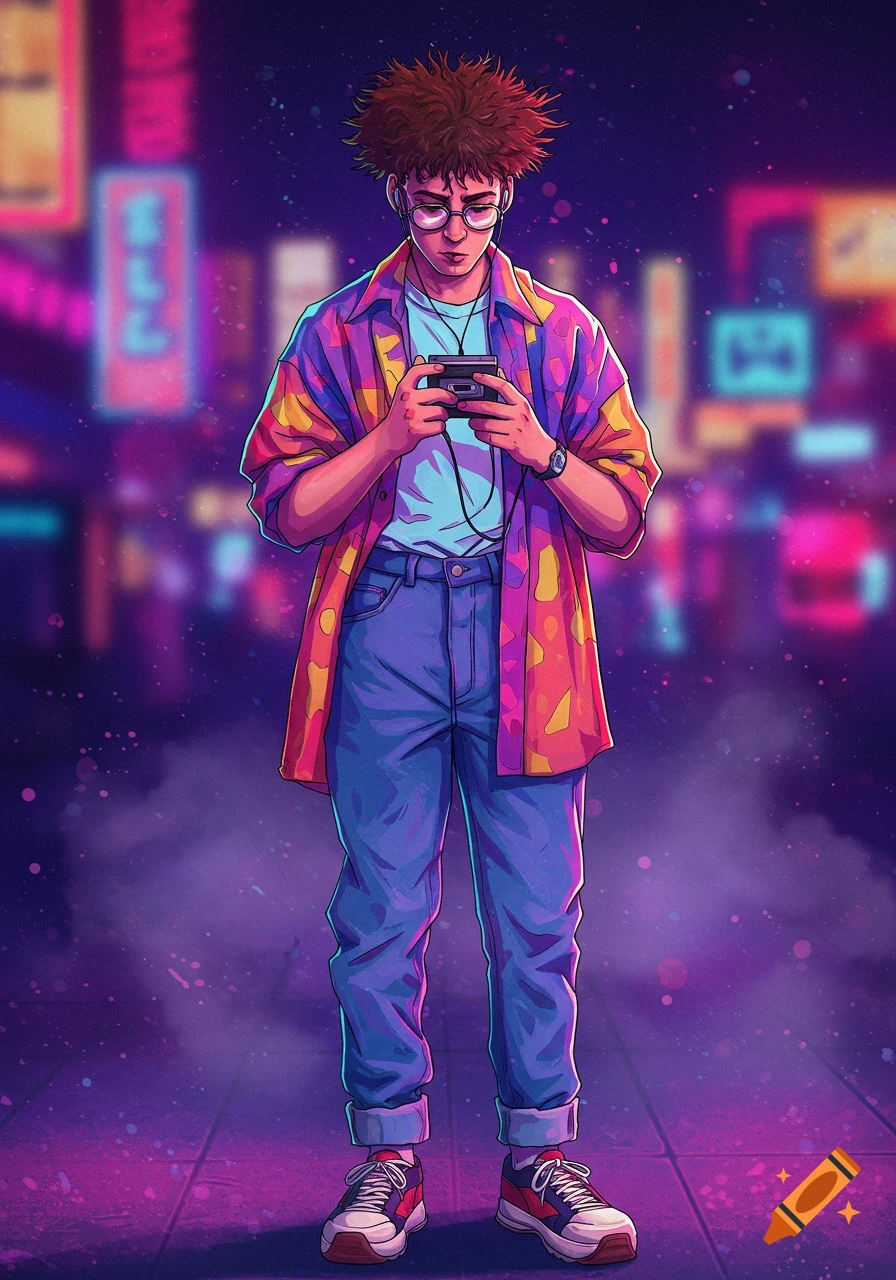 Anime style drawing of a person listening to a Walkman in a neon-lit city street, wearing a colorful shirt and jeans.