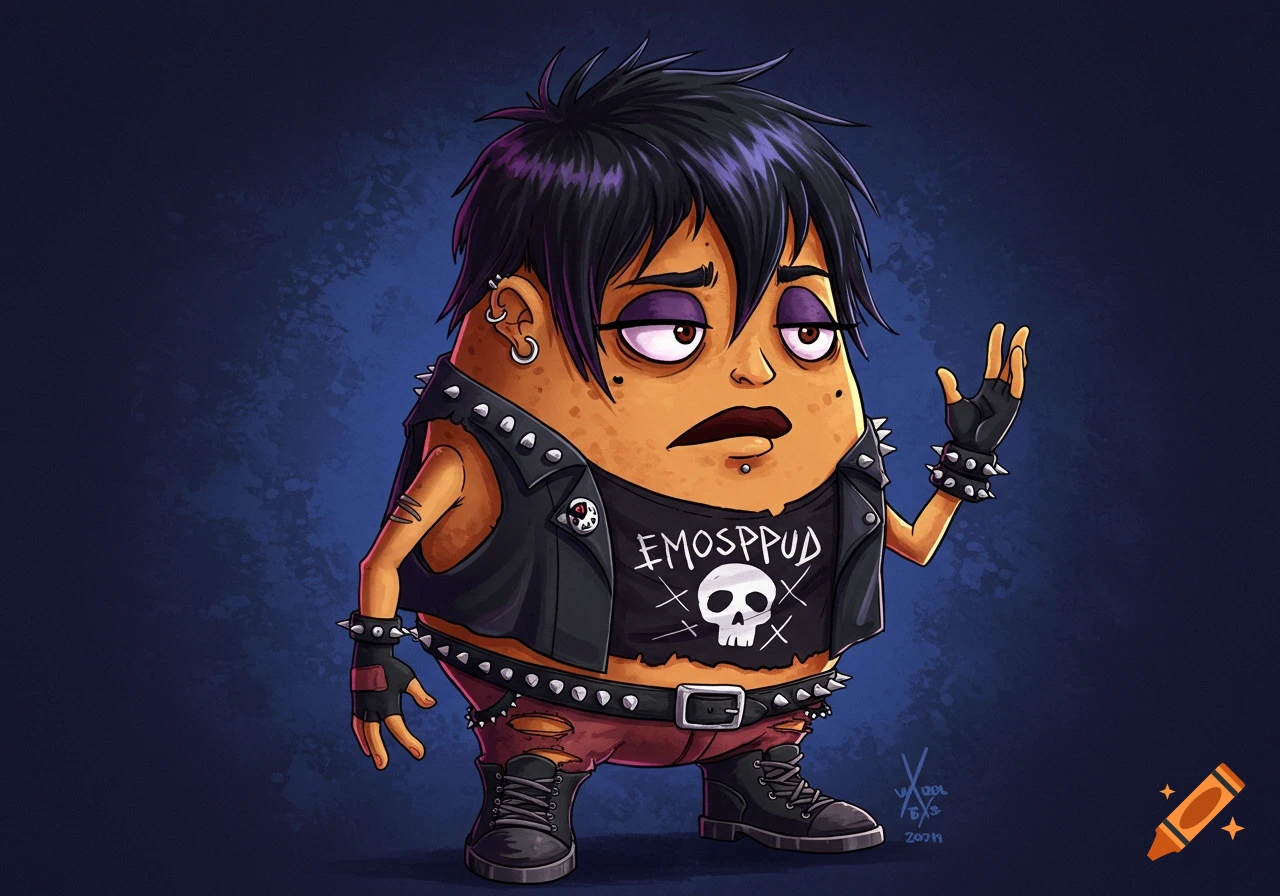 Cartoon emo potato character wearing punk clothes