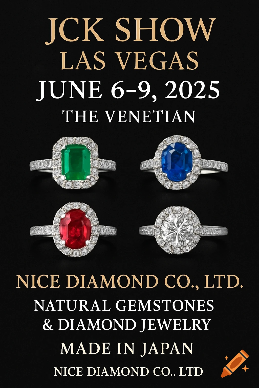 Promotional poster with four rings (emerald, sapphire, ruby, diamond) and text for JCK show in Las Vegas.