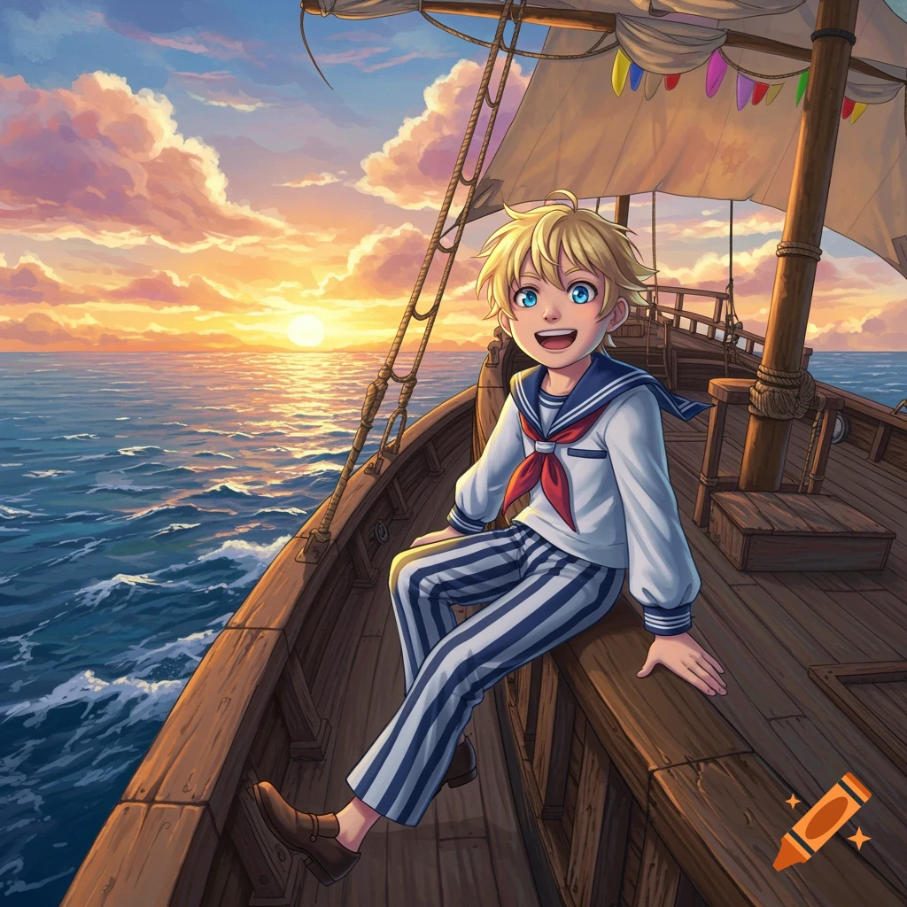 Illustration of a blond boy in a sailor suit sitting on a ship deck at sunset.