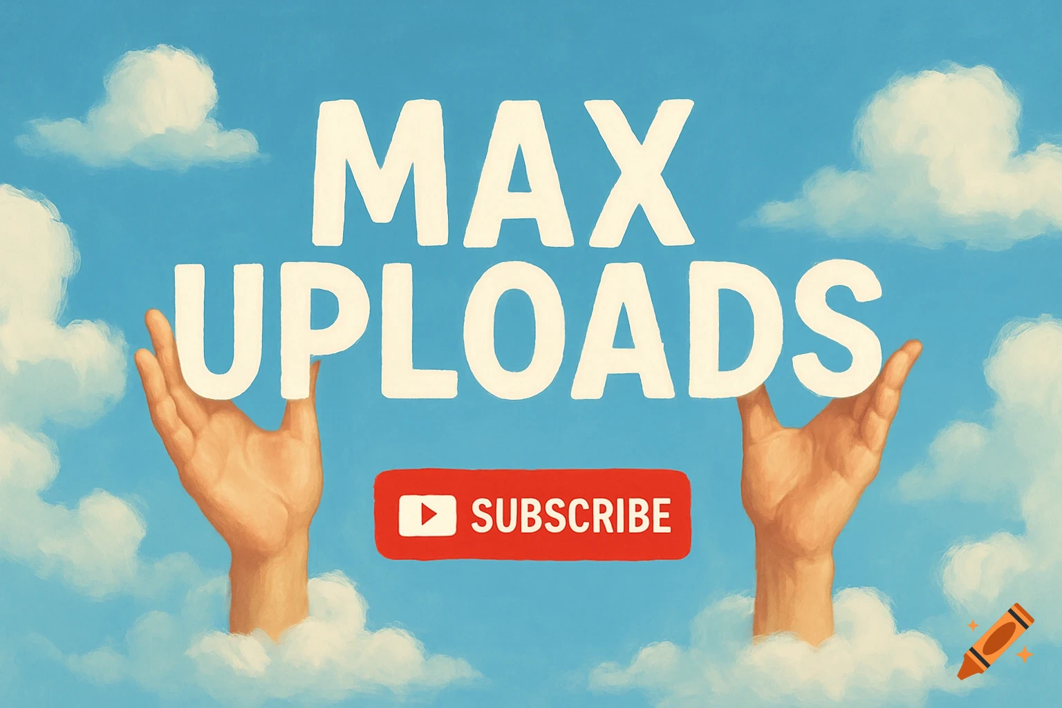 Hands hold white text MAX UPLOADS above a red SUBSCRIBE button against a blue sky with clouds.