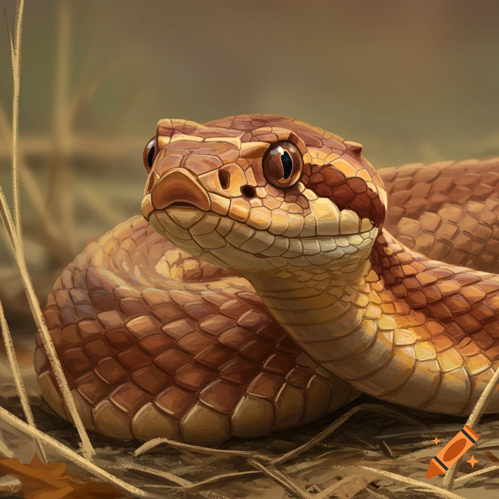 Close-up of a brown and orange snake with detailed scales in tall grass