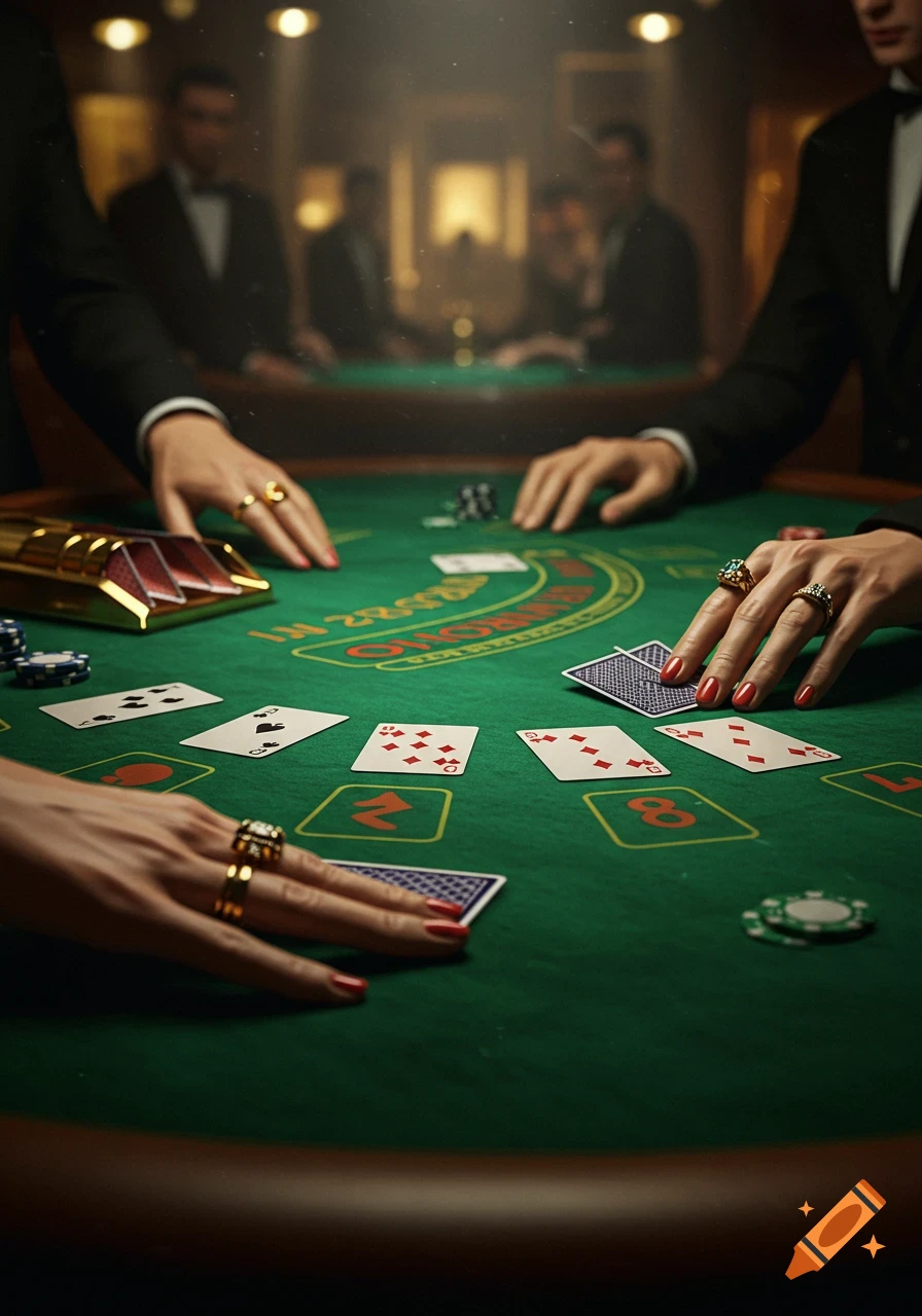 Hands playing cards at a green blackjack table in a dimly lit casino.